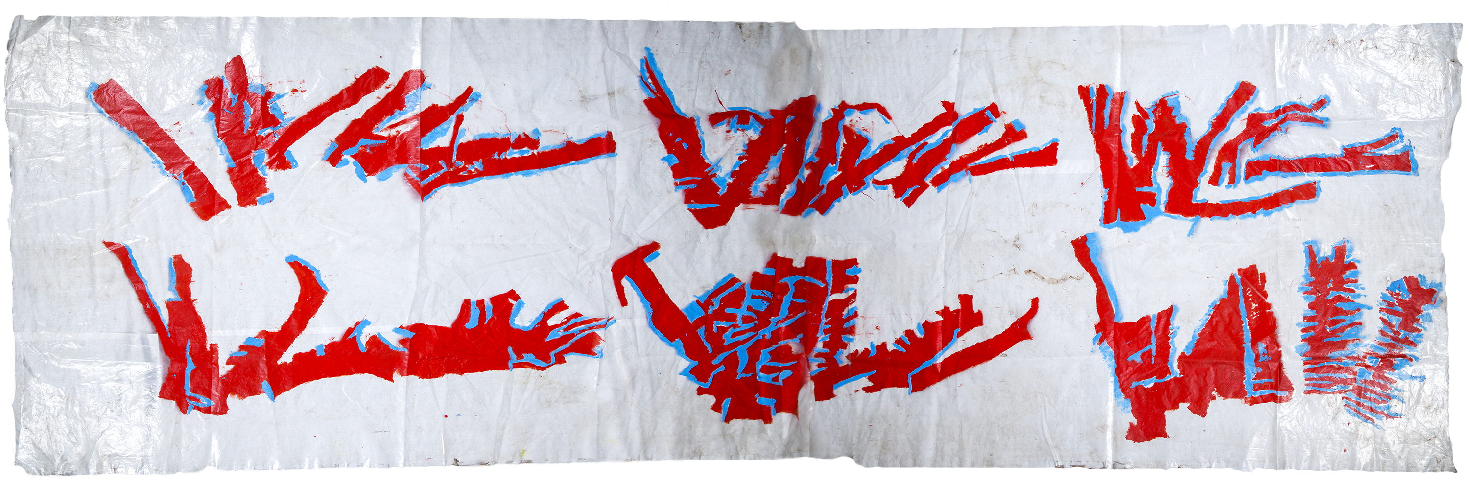 A long, thin painting with red and blue abstract, geometric brushstrokes on white plastic